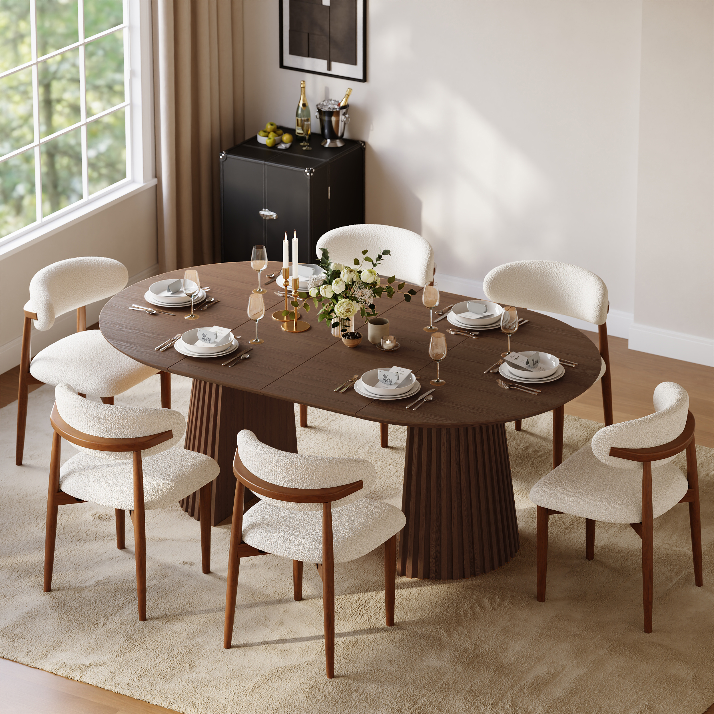 Juego de comedor de mesa extensible de madera maciza de 120-200 cm con 6 sillas