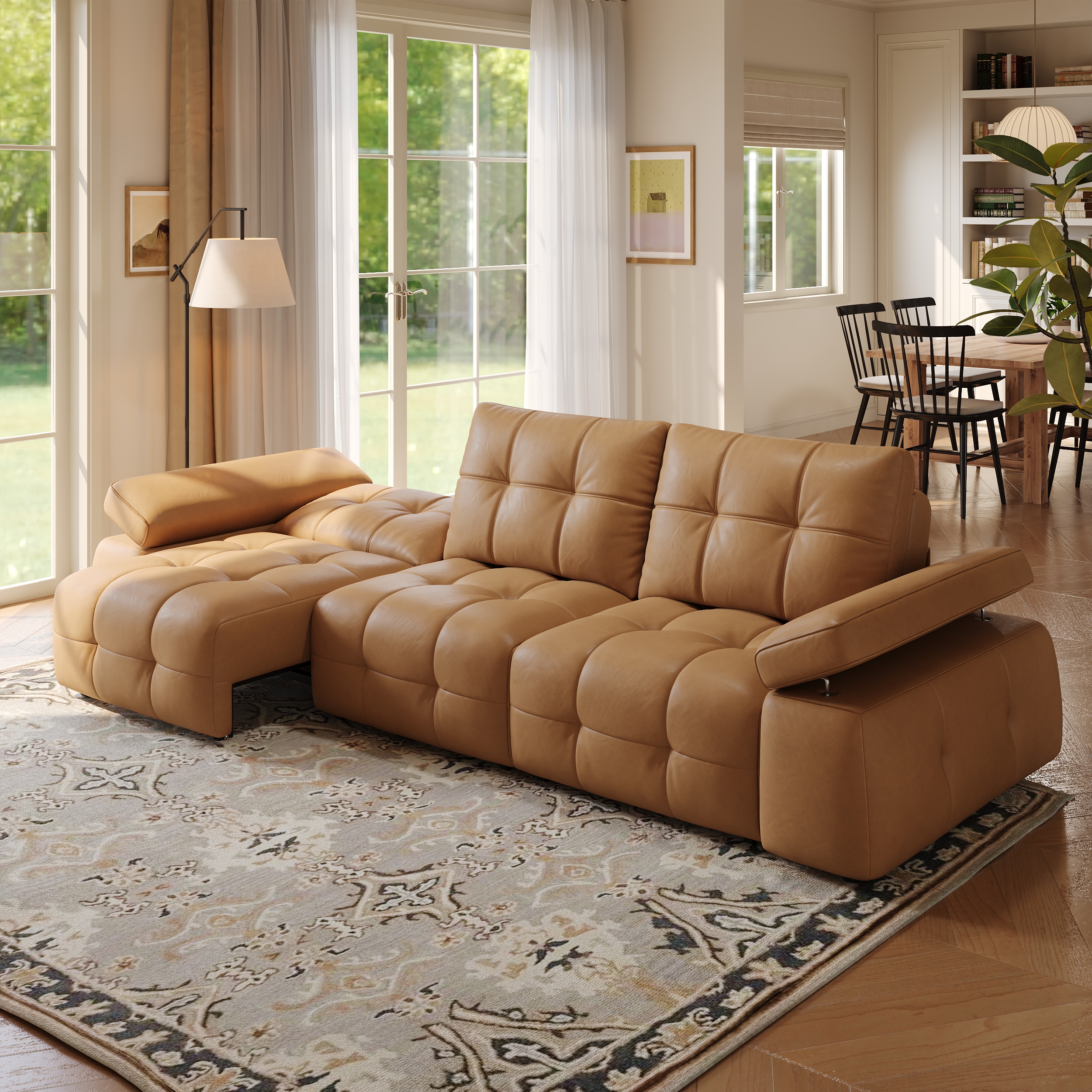 130" 3-Seater Genuine Leather Power Convertible Sleeper Sofa with Adjustable Armrests