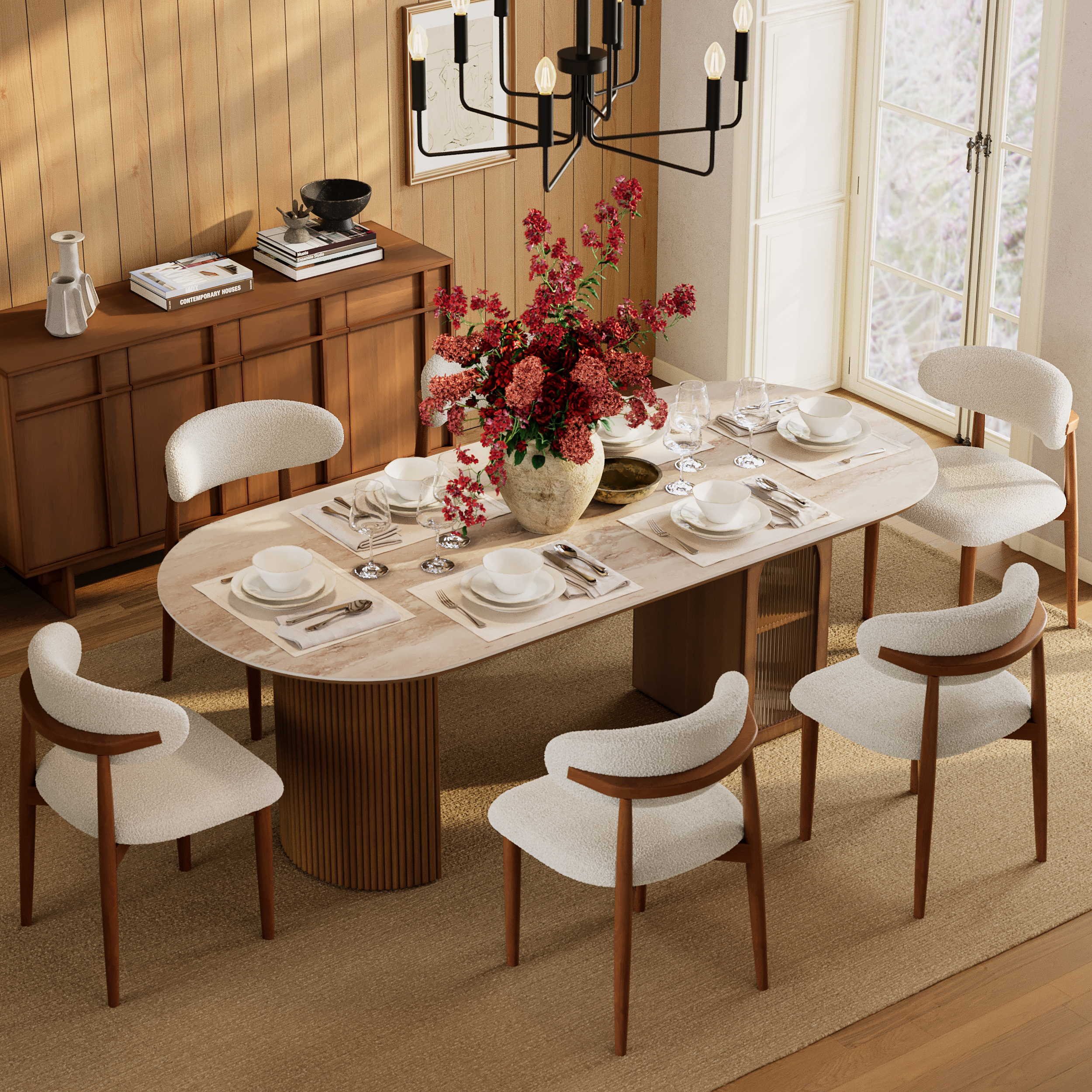 Conjunto de comedor con mesa ovalada de 180 cm de imitación travertino y 6 sillas
