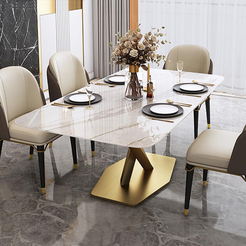 63" Modern White Faux Marble Rectangular Dining Table with Stainless Steel X-Base