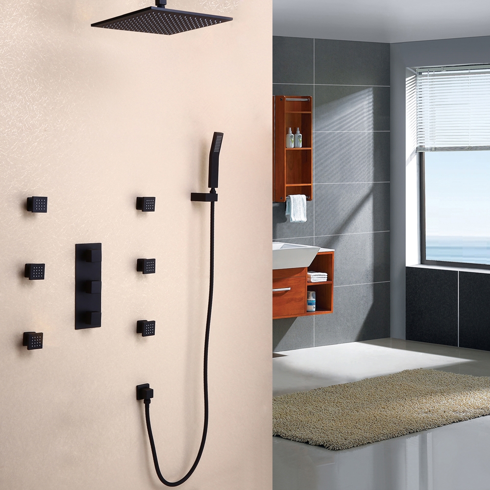 Shower System Ceiling Mount 12" Rain Shower Head & 6 Body Sprays & Hand Shower