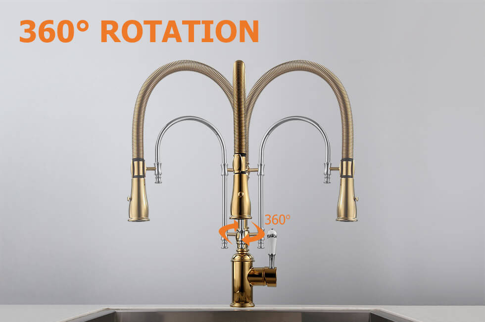 Robinet de Cuisine Rétractable Doré et Chrome Grand Arc en Laiton Massif