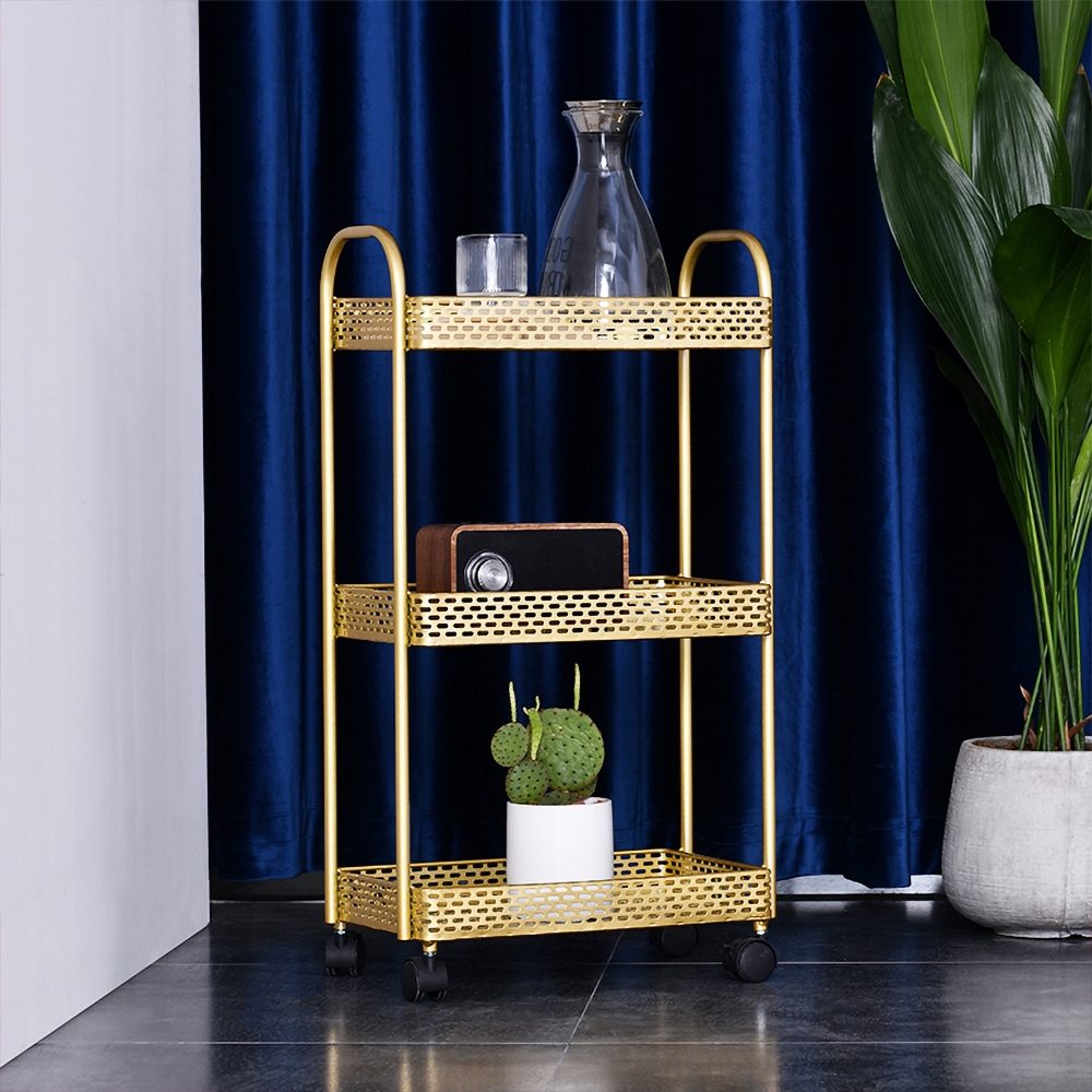 Modern Gold 3 Tiers Mesh Storage Shelves Rolling Cart Rack Metal in US