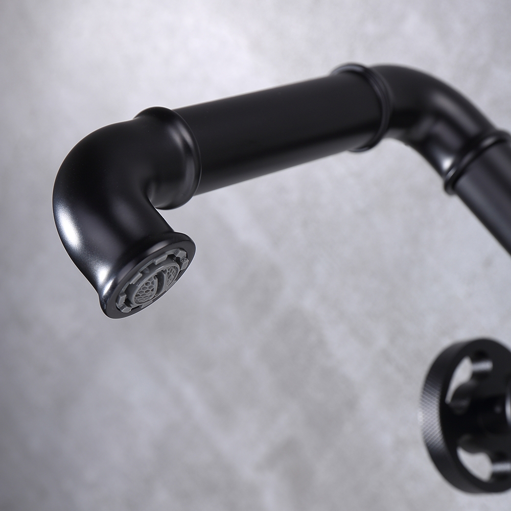 Ruth Industrial Pipe Bathroom Vessel Sink Faucet Matte Black 1-Hole 2-Handle Solid Brass