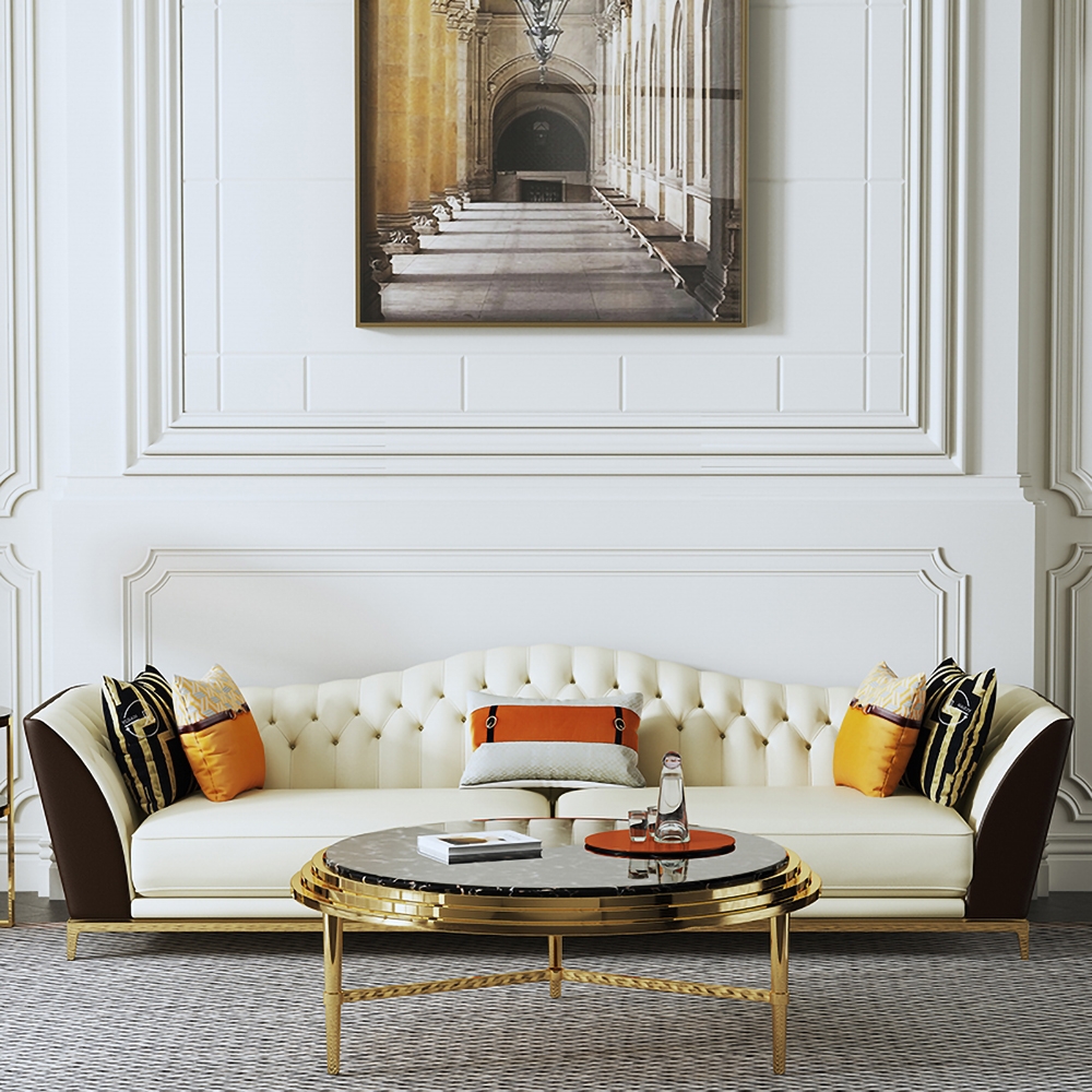 2360mm Faux Leather Upholstered Sofa White & Brown Mid-Century Couch Curved Tufted Back thumbnail
