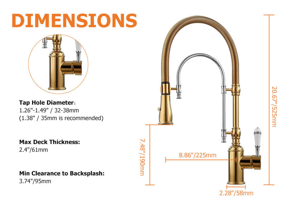 Robinet de Cuisine Rétractable Doré et Chrome Grand Arc en Laiton Massif