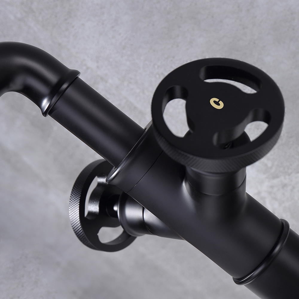Ruth Industrial Pipe Bathroom Vessel Sink Faucet Matte Black 1-Hole 2-Handle Solid Brass