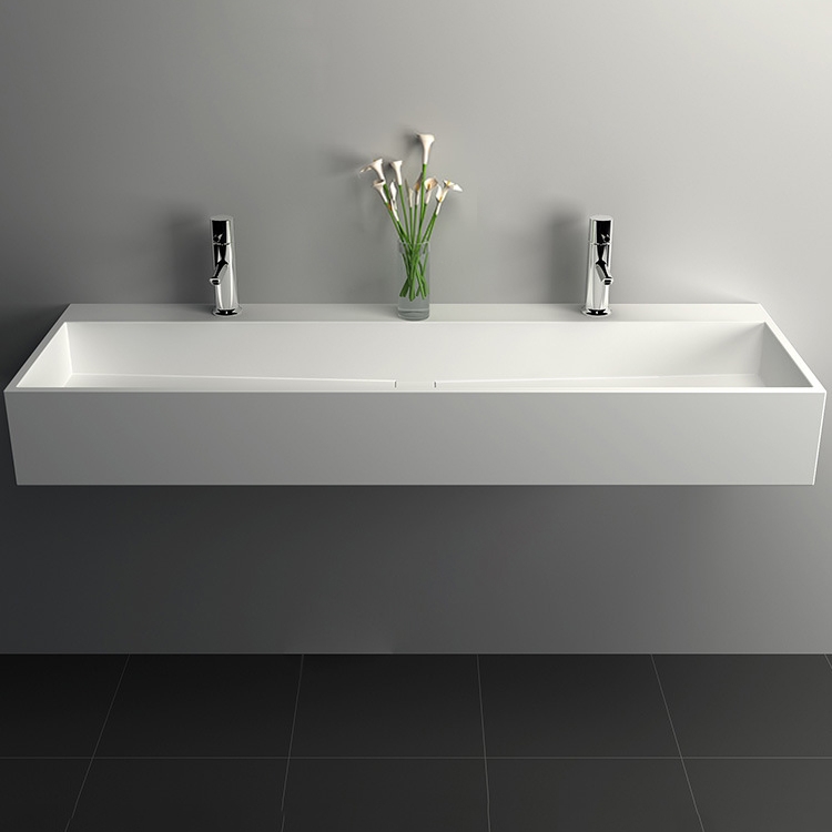 47 Inch Wall-Mount Double Sink Stone Resin Matte White Floating Trough Bathroom Sink