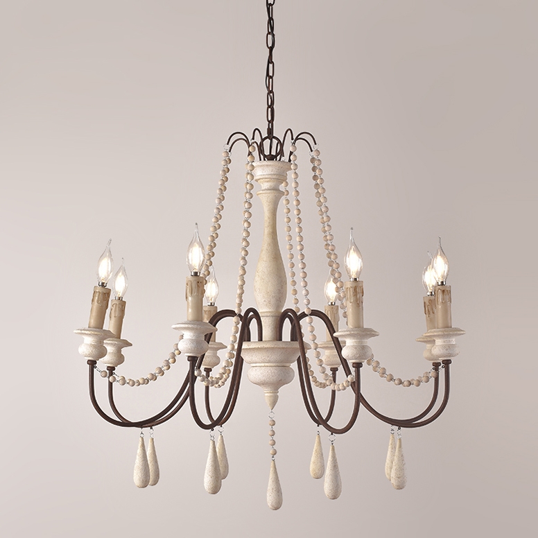 French Country Candle-Style 8-Light Wood Bead Swag Wooden Chandelier Distressed White
