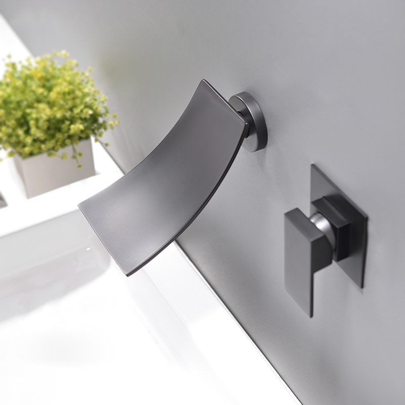 Shoop Modern Single Handle Wall Mounted Waterfall Bathroom Sink Faucet Matte Black