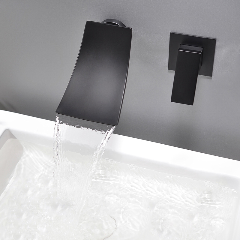 Shoop Modern Single Handle Wall Mounted Waterfall Bathroom Sink Faucet Matte Black