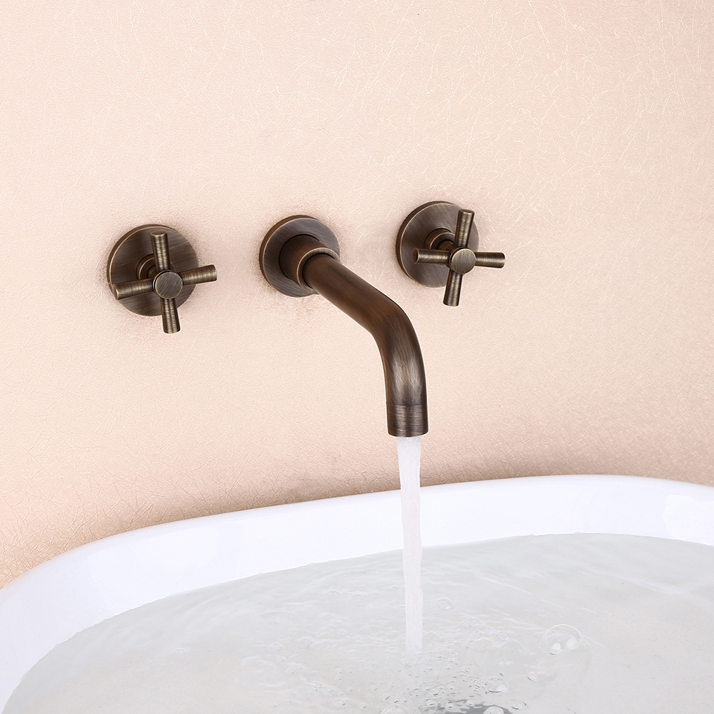 Melro Robinet Classique Bronze Mitigeur de Salle de Bain Double Poignée en Croix Mural en Laiton Solide
