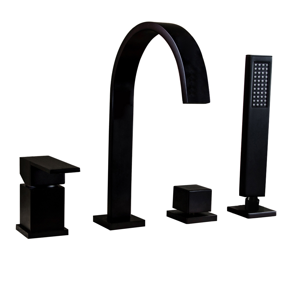 Dree Waterfall Spout Deck-Mount Roman Tub Faucet with Hand Shower in Matte Black Brass