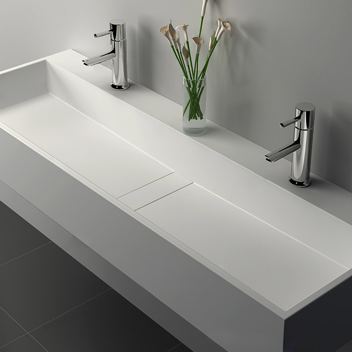47 Inch Wall-Mount Double Sink Stone Resin Matte White Floating Trough Bathroom Sink