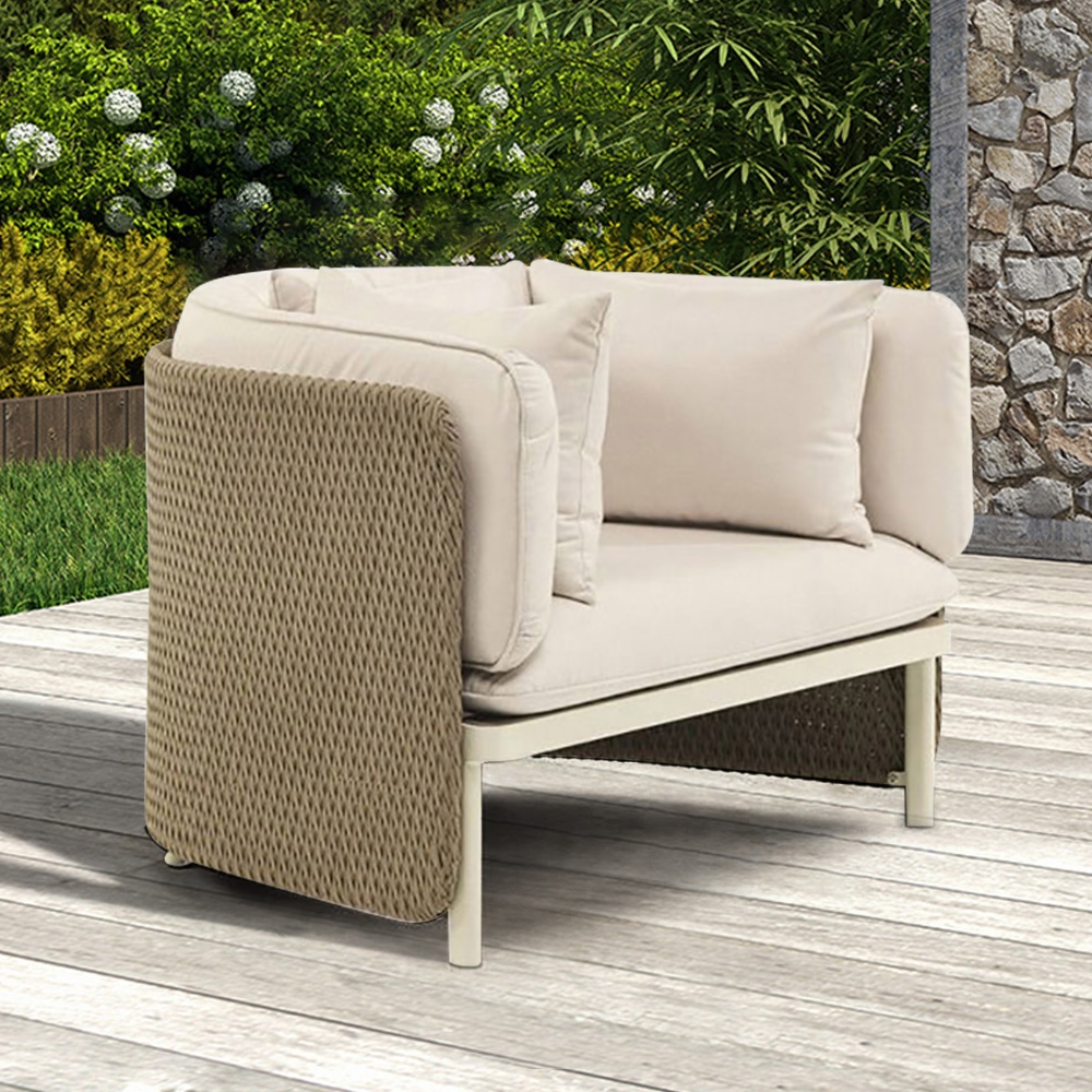 Khaki Cream White Rattan Outdoor Armchair Patio Accent Chair With Cushion Pillow in US