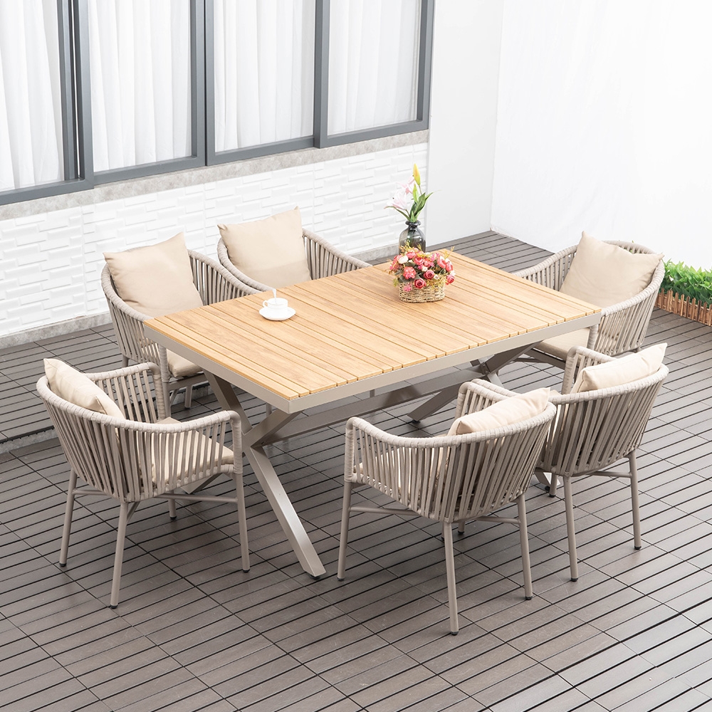 7 Pieces Outdoor Dining Set With Rectangle Table and Woven Rattan Armchair in Natural in US