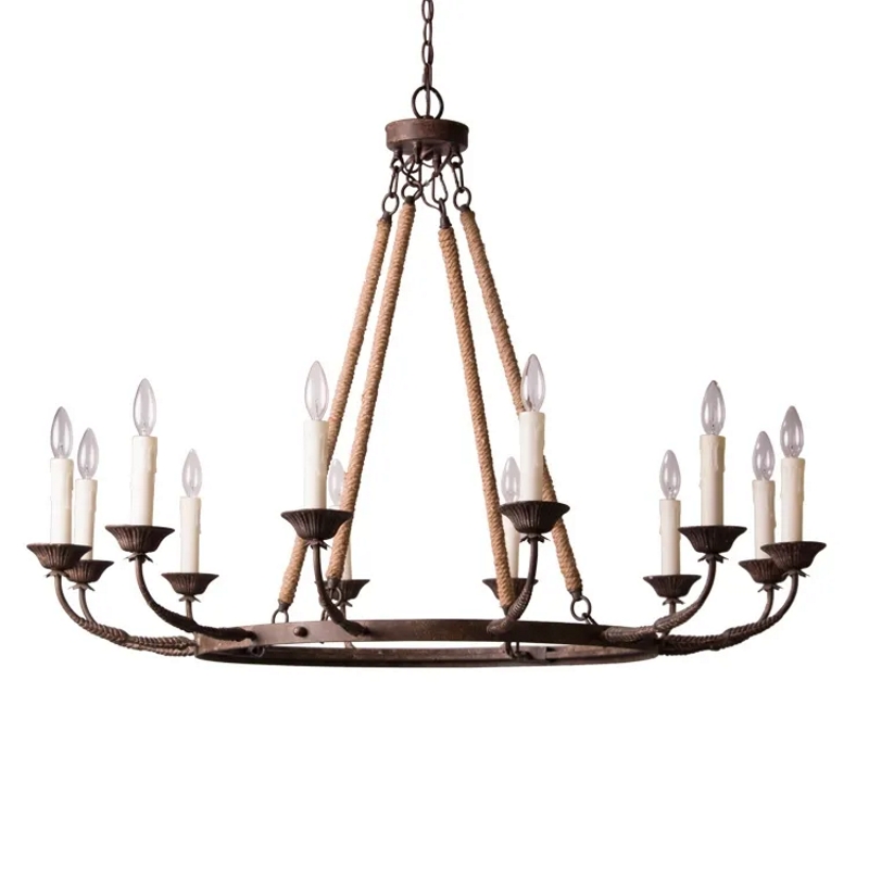 Candlely Vintage 12-Light Candelabra Wagon Wheel Chandelier with Flaxen Hemp Rope
