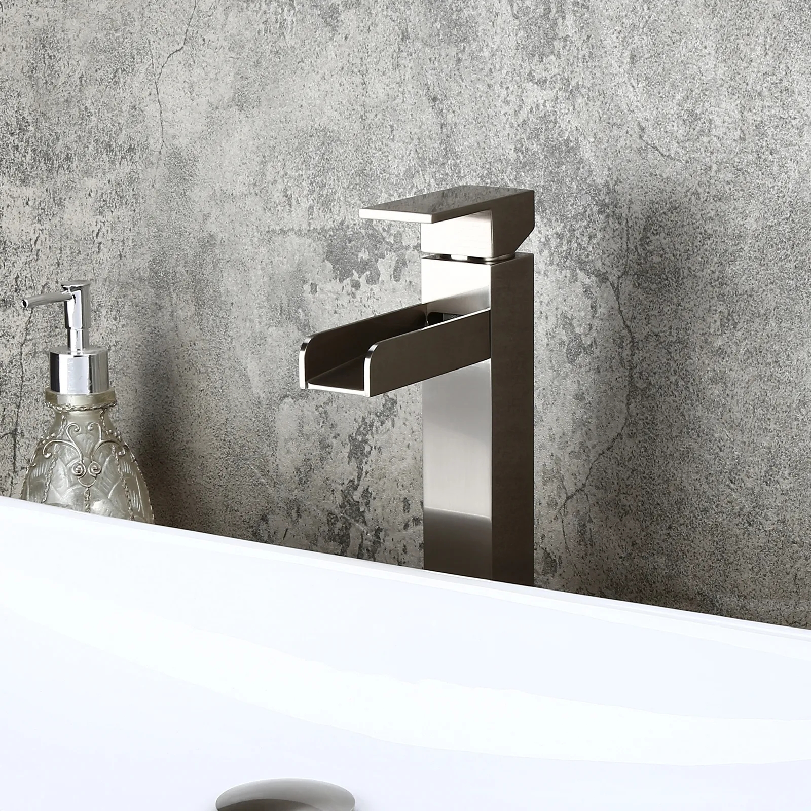 Brushed Nickel Single Handle Waterfall Bathroom Vessel Sink Faucet Solid Brass Modern