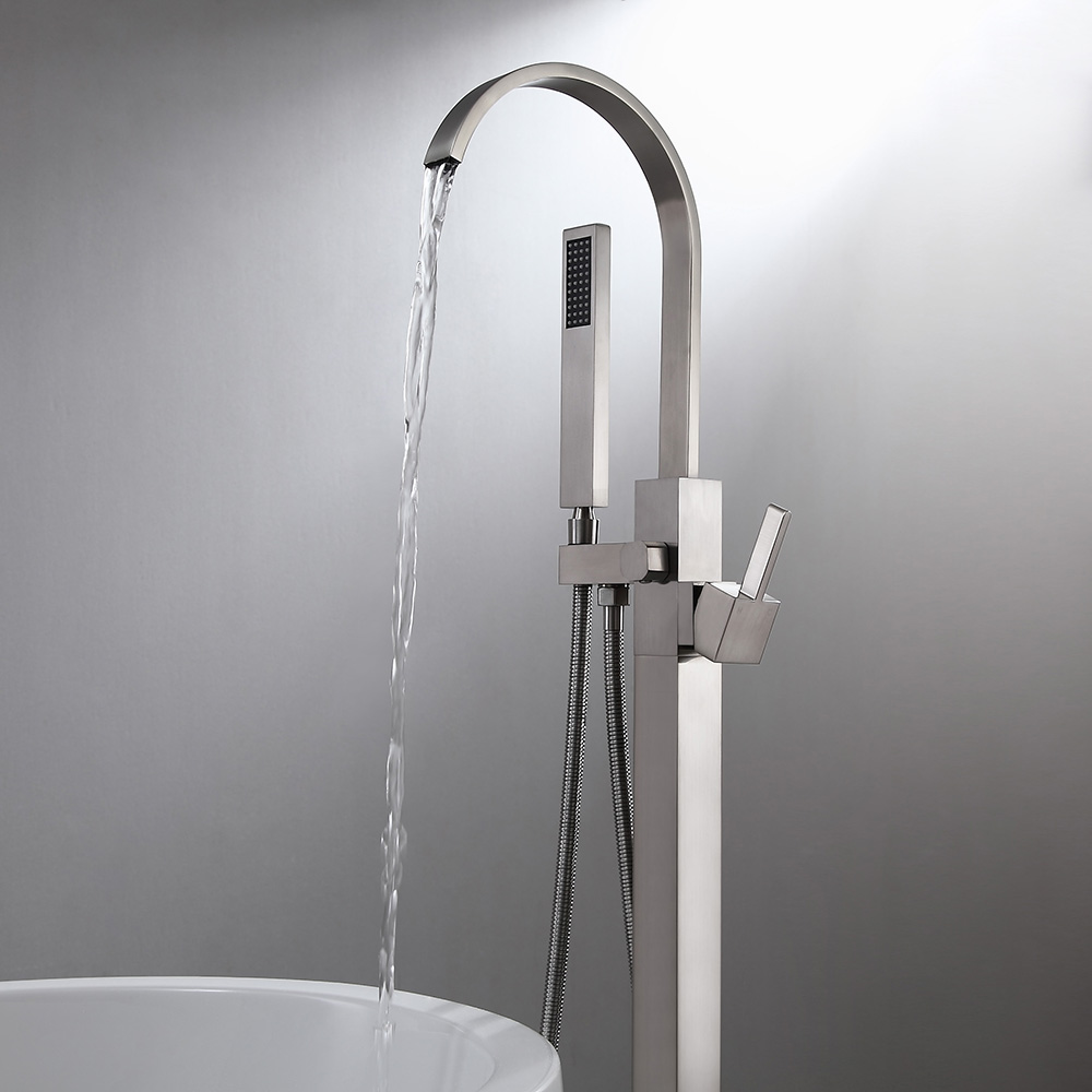 Dree Brushed Nickel Freestanding Tub Filler Brass Single Handle with Handheld Shower