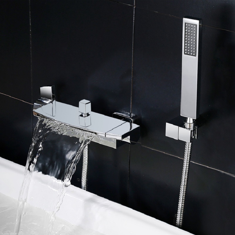 Contemporary Wall Mount Waterfall 2-handle Chrome Bathtub Filler Faucet With Hand Shower in US