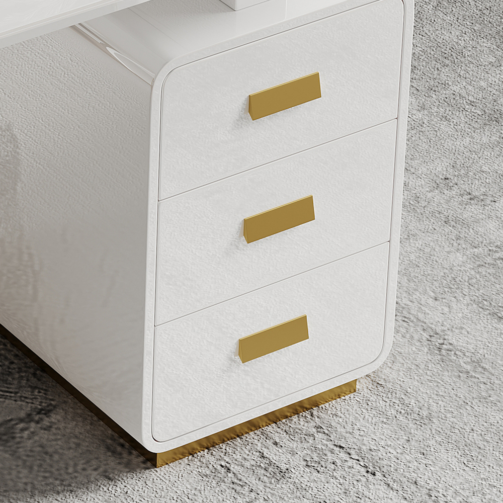 55" Modern White Office Desk with Drawers File Cabinet in Gold Base