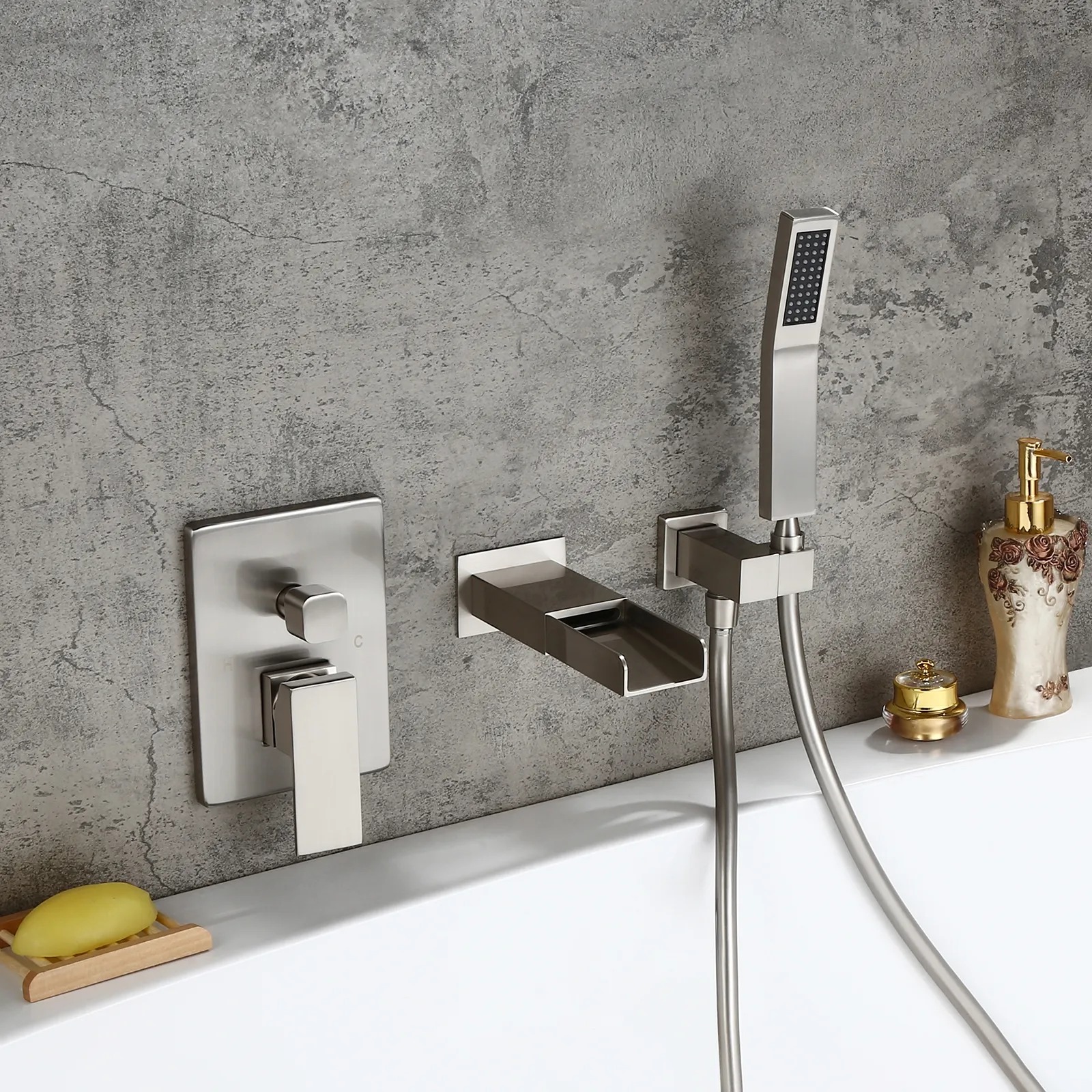 Modern Waterfall Wall-mount Solid Brass Bathtub Faucet Handshower in Brushed Nickel in US
