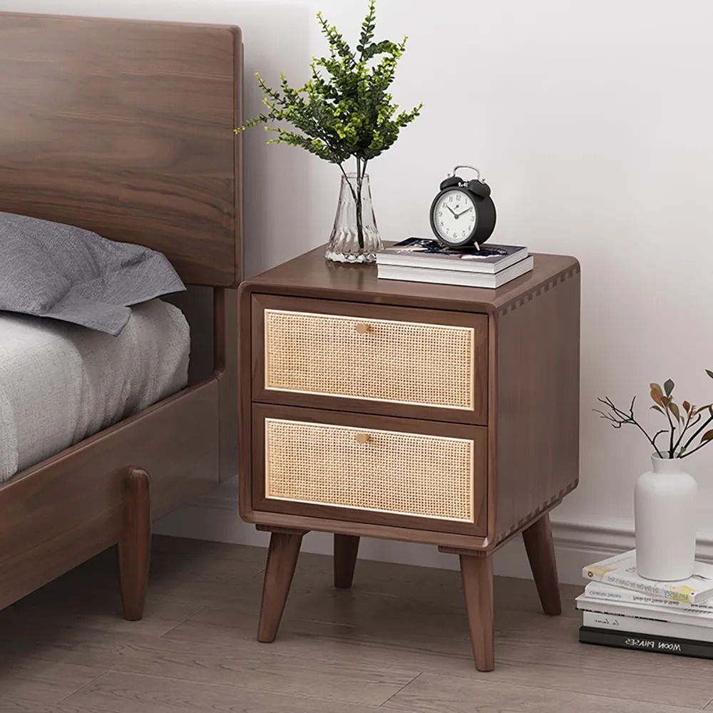 Japandi Walnut Rattan Nightstand Bedside Table With 2 Drawers in US