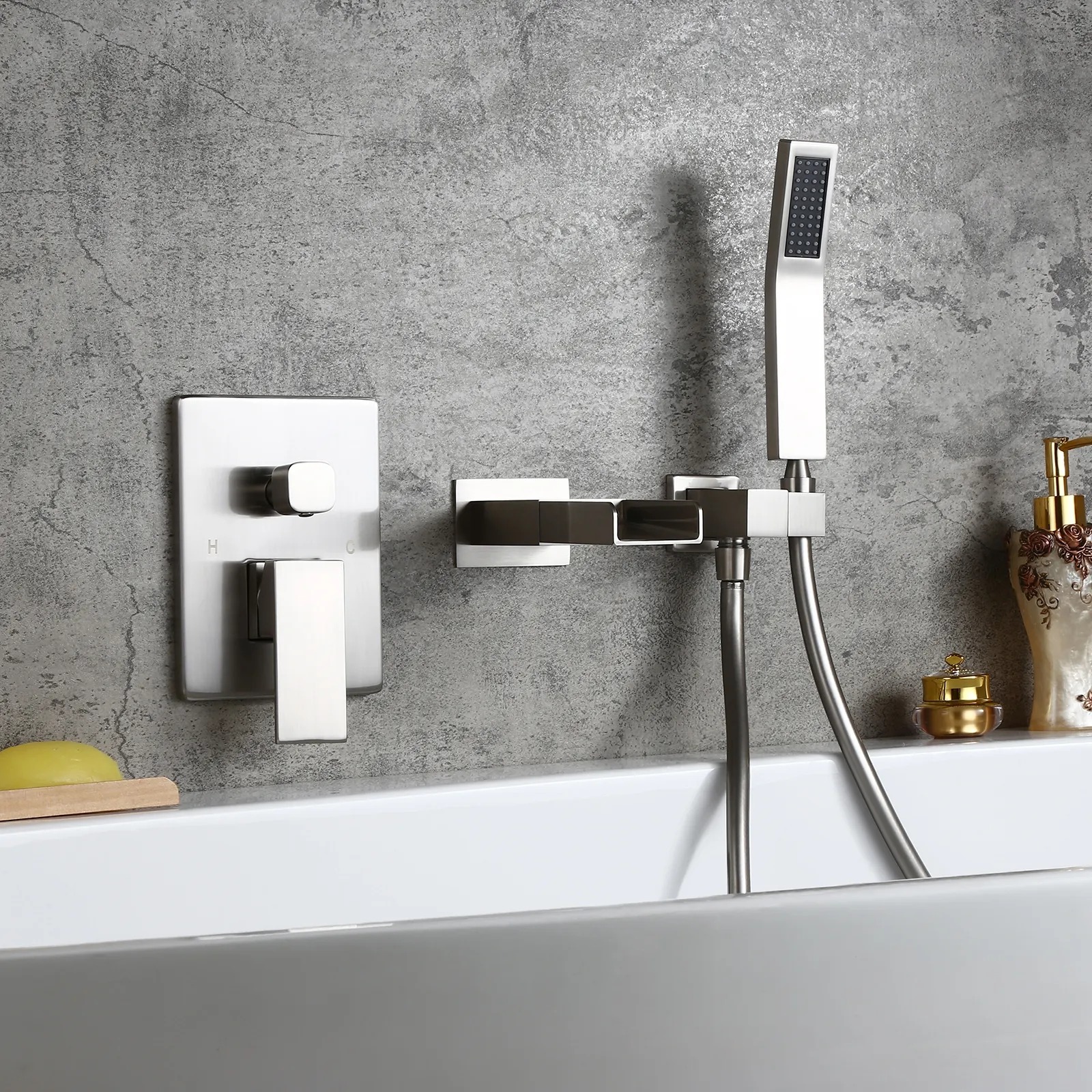 Modern Waterfall Wall-Mount Solid Brass Bathtub Faucet & Handshower in Brushed Nickel