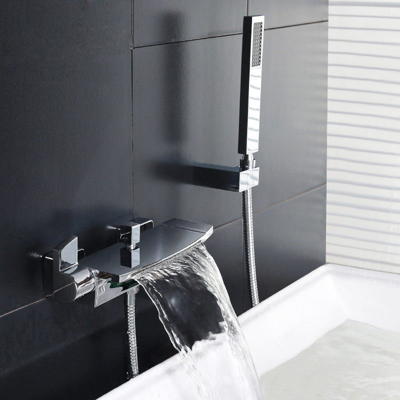 Contemporary Wall Mount Waterfall 2-Handle Chrome Bathtub Filler Faucet with Hand Shower