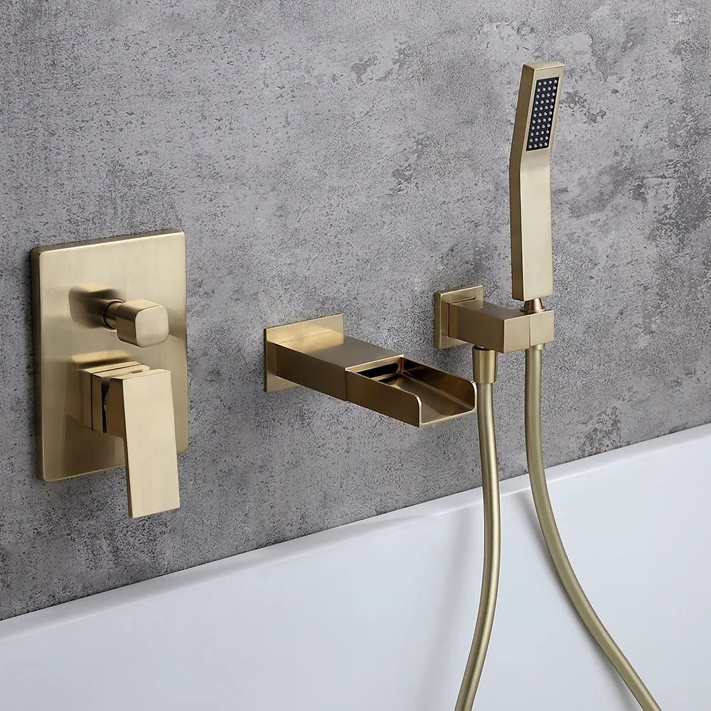 Modern Waterfall Wall-mount Solid Brass Bathtub Faucet With Handshower in Brushed Gold in US
