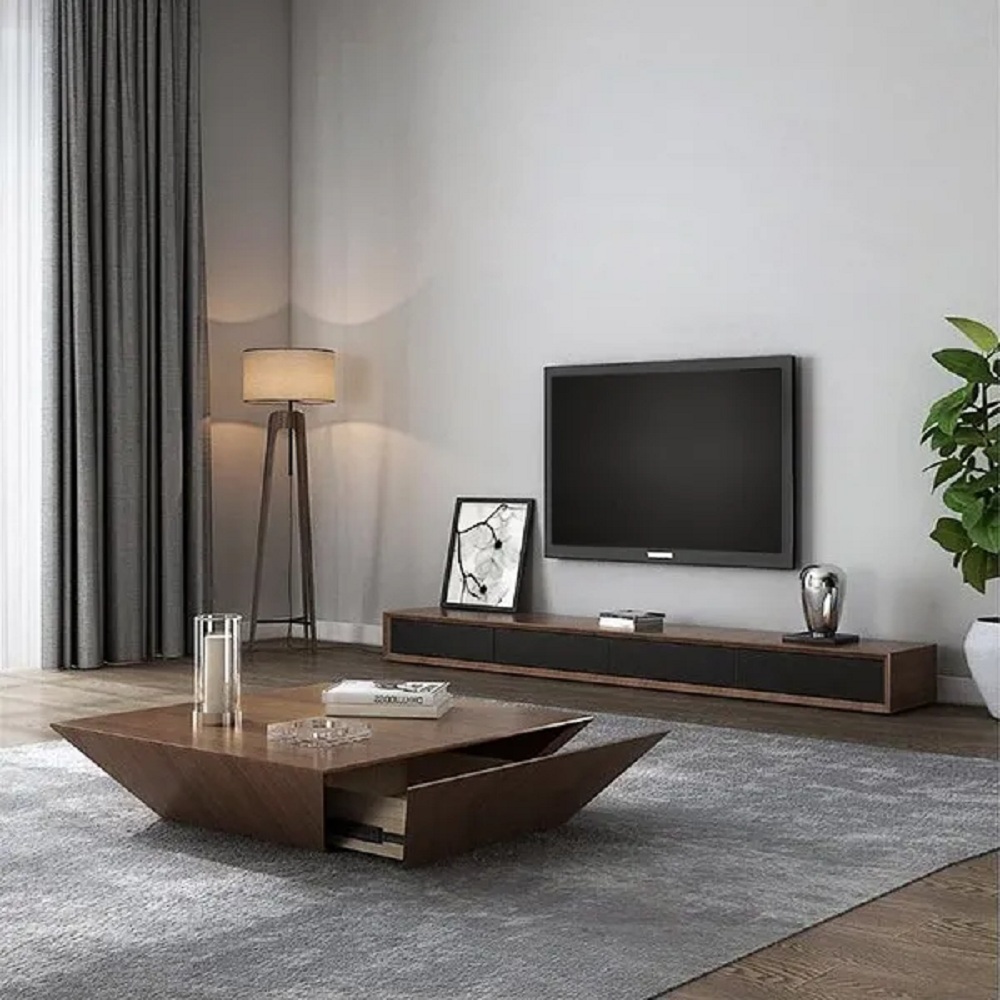 Modern Wood Walnut Coffee Table with Storage Square Coffee Table with 1-Drawer