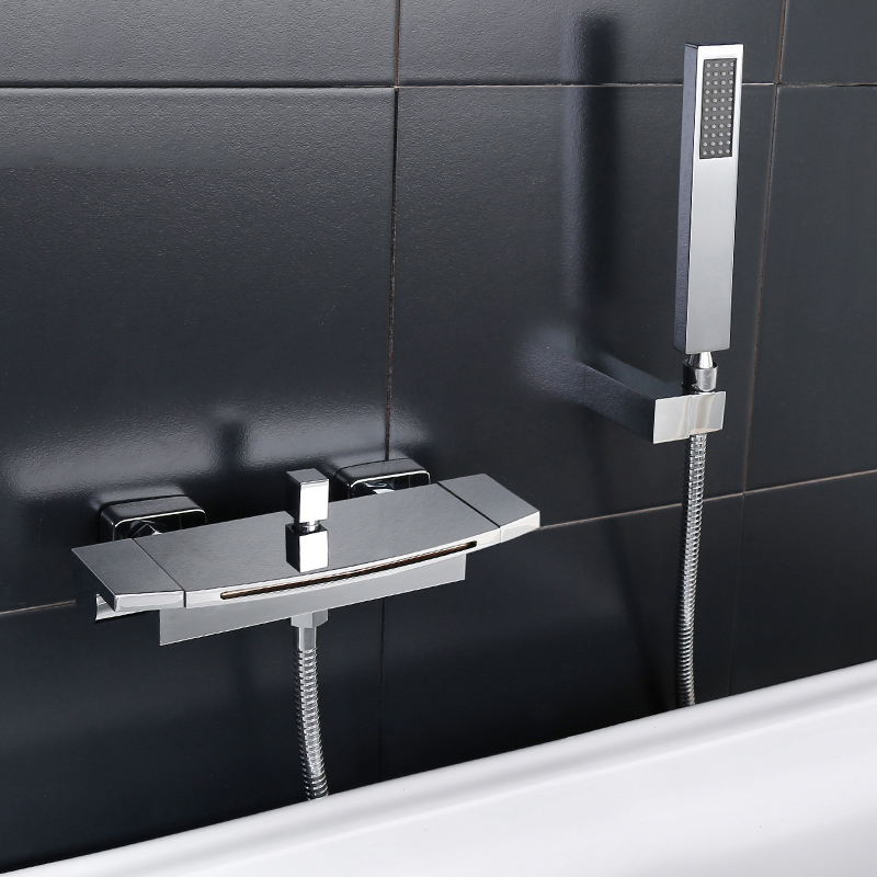 Contemporary Wall Mount Waterfall 2-Handle Chrome Bathtub Filler Faucet with Hand Shower
