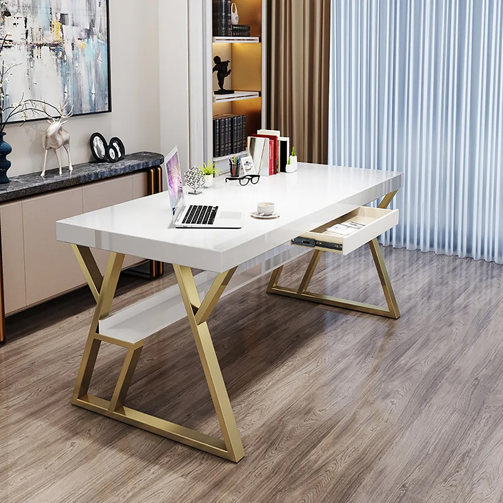 63" Modern Rectangular White Office Computer Desk With Drawer and Shelf Gold Leg in US