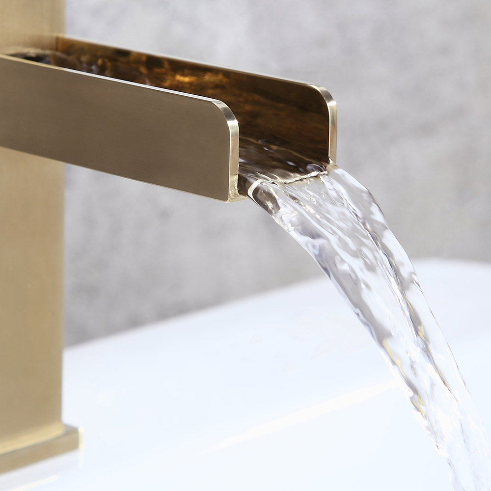 Stylish 1-Hole Single Handle Waterfall Bathroom Sink Faucet Solid Brass in Brushed Gold Finish