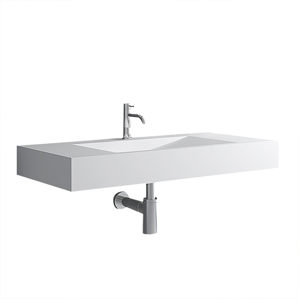 Matte White Wall-Mount Floating Sink Solid Surface Stone Resin Bathroom V-Shaped Sink