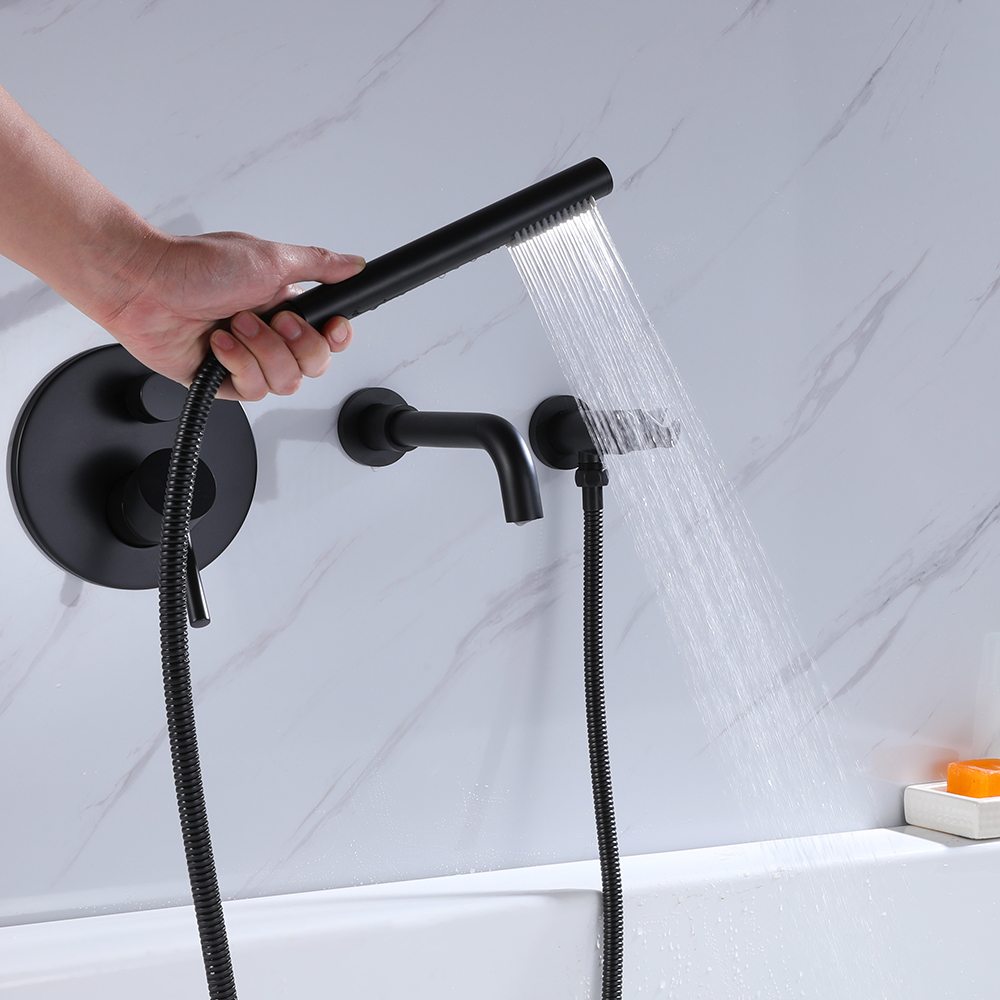 Stev Robinet de Baignoire Mural Moderne avec Douchette en Laiton Massif Noir Mat