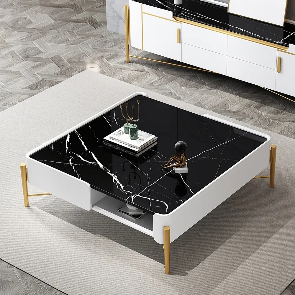 White and Black Faux Marble Square Coffee Table With Storage Gold Legs 2 Drawers and Open Shelves in US