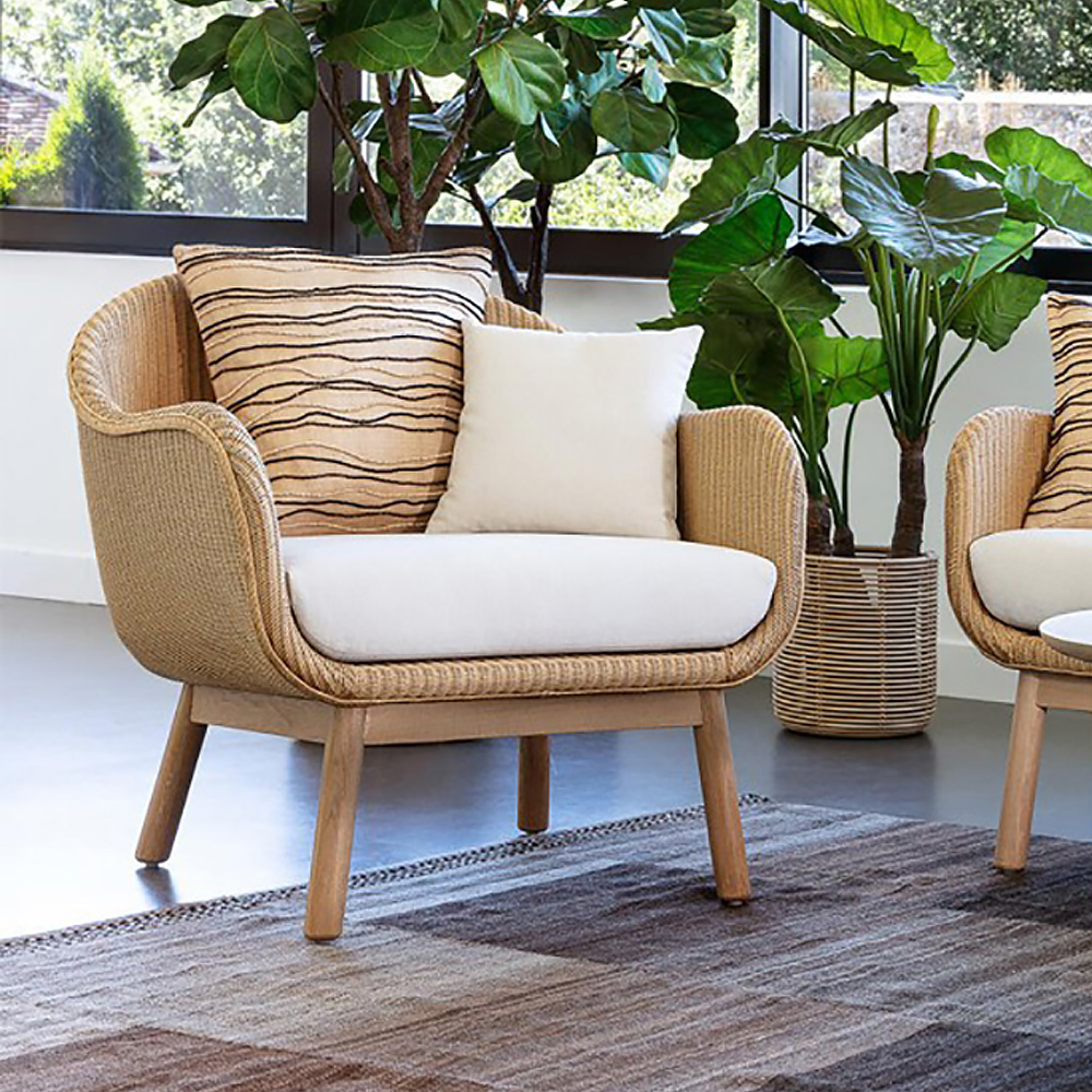 Rope Woven Patio Lounge Armchair With Solid Wood Frame Brick Cushion Pillow in Khaki in US