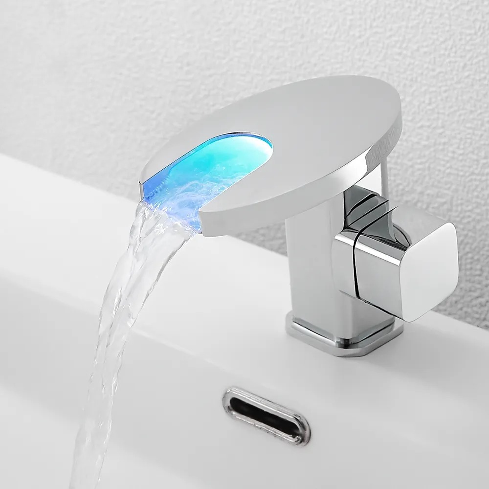 Led Single Handle Waterfall Bathroom Sink Faucet Round Spout Solid Brass in Chrome in US