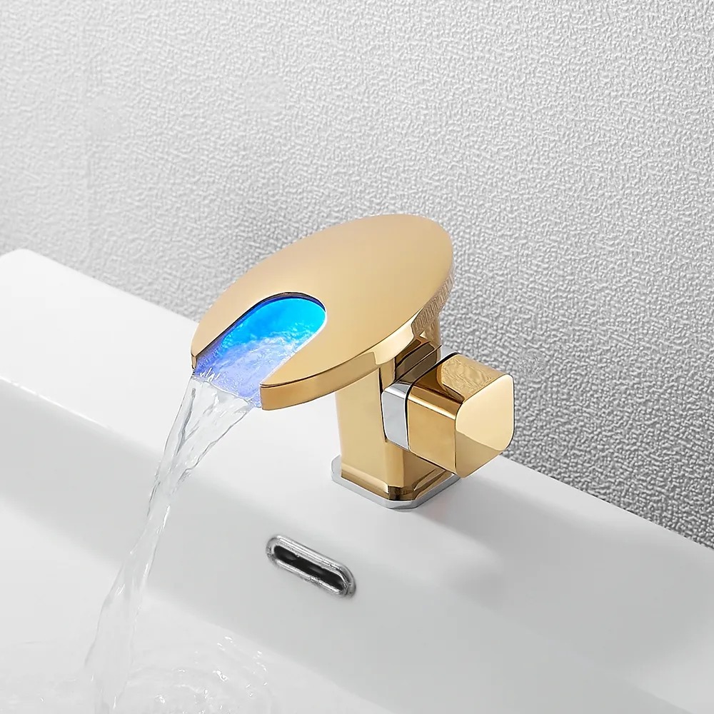 Led Single Handle Waterfall Bathroom Sink Faucet Round Spout Solid Brass in Gold in US