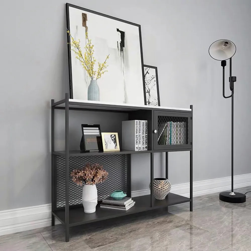 Black Console Table With Storage Mesh Decor Entryway Table Faux Marble Top and Shelves in US