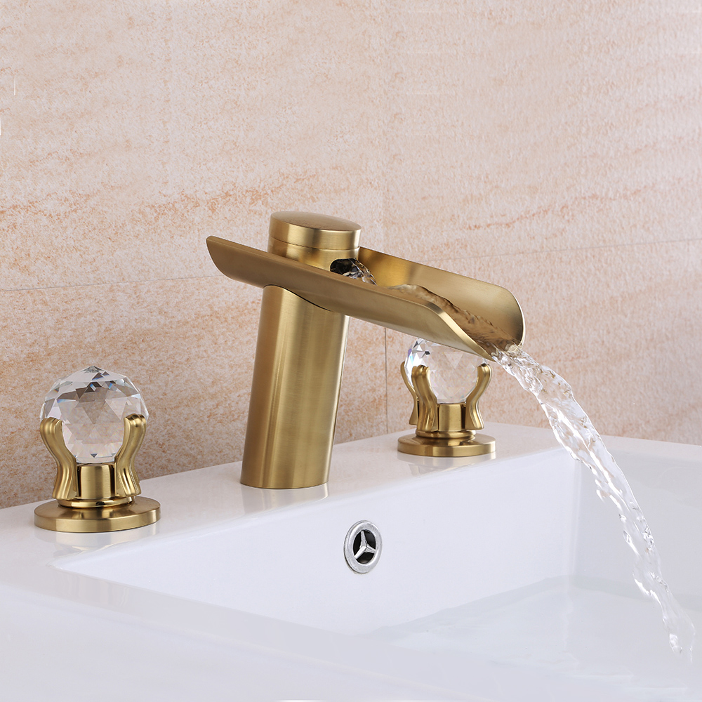 Morga Widespread Double Handles Lavatory Faucet in Brushed Gold Crystal in US