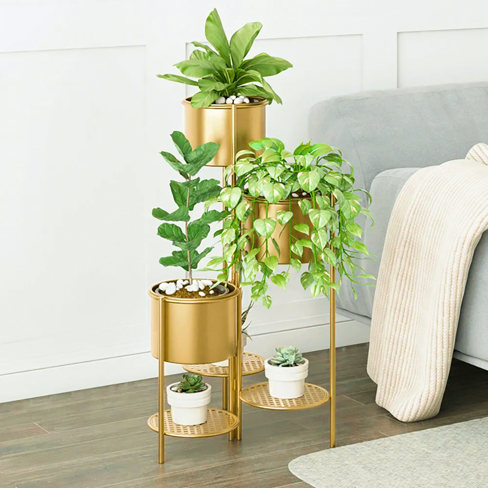 31.4" Tall Metal Plant Stand Indoor Modern 3 Tier Corner Planter in Gold