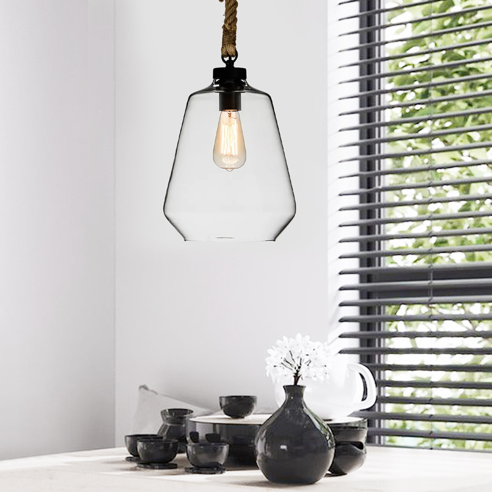 Rustic 1-light Clear Glass Shade Hemp Rope Hanging Pendant Light Style B in US