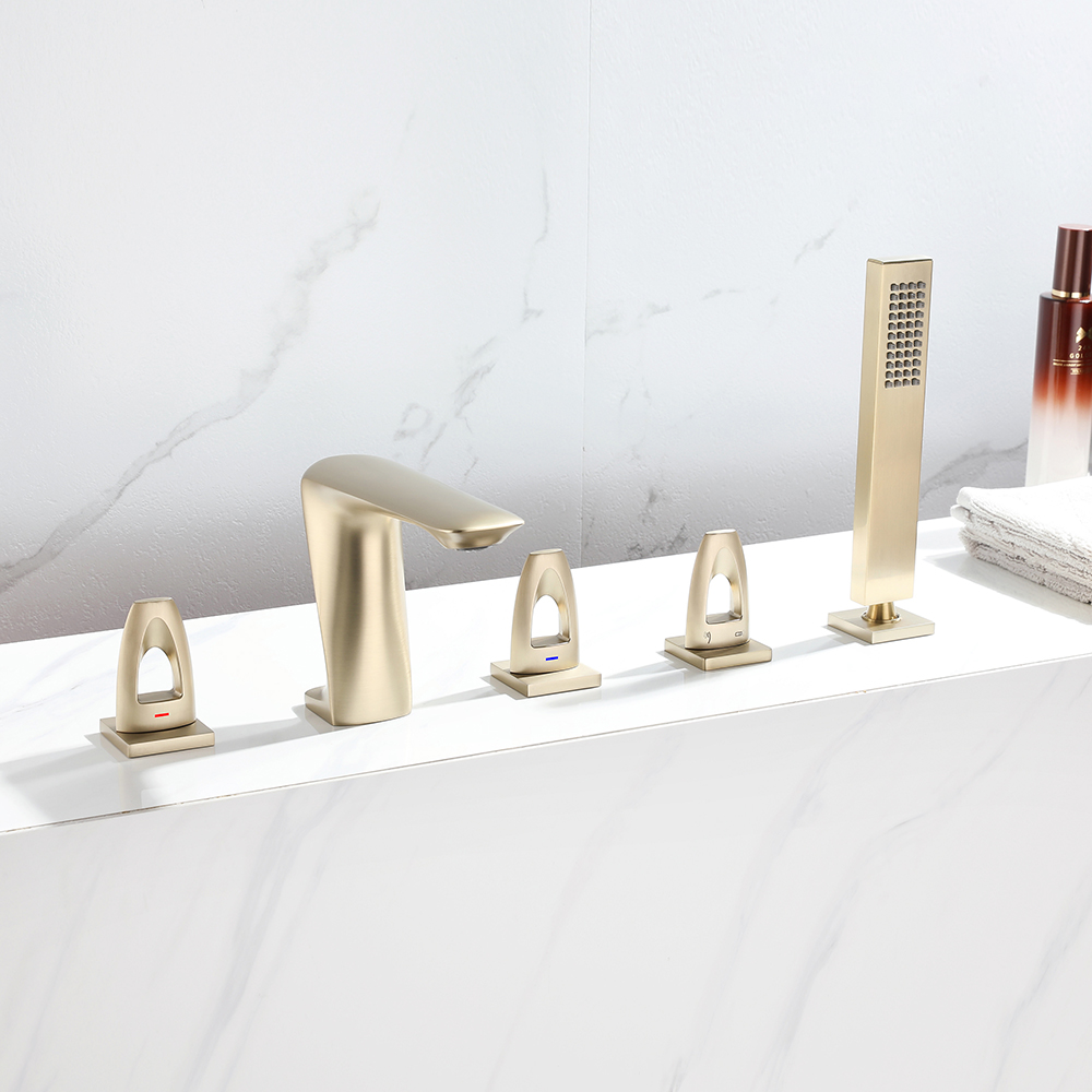 Modern Deck Mounted 3-handle Roman Tub Faucet With Sprayer in Brushed Gold in US