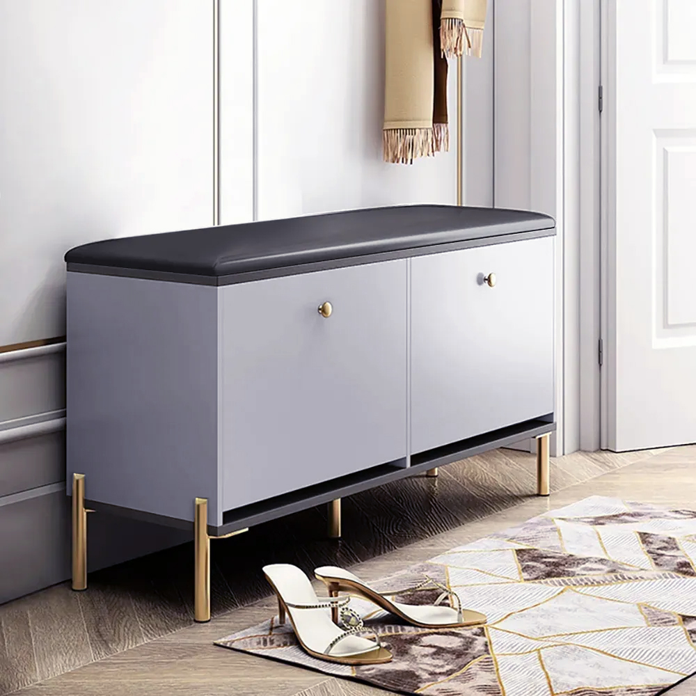 Contemporary Upholstered Shoe Rack PU Leather Bench in Gray