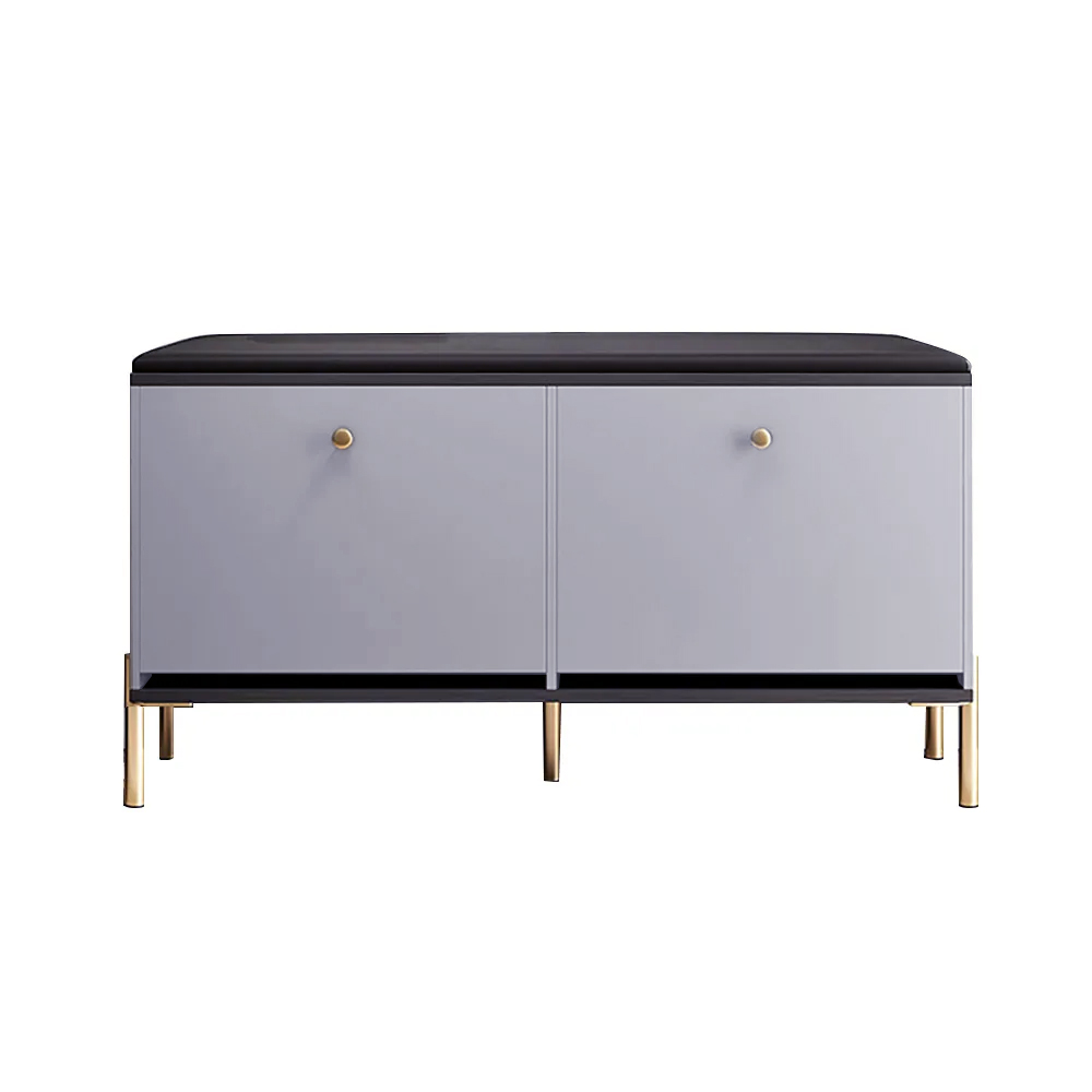 Contemporary Upholstered Shoe Rack PU Leather Bench in Gray