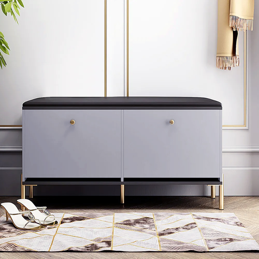 Contemporary Upholstered Shoe Rack PU Leather Bench in Gray