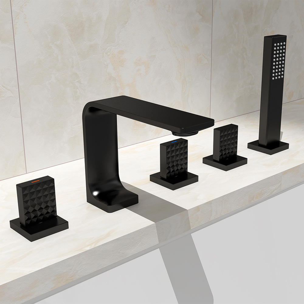 Plazy Geometric Deck Mounted Roman Bathtub Faucet With Handshower Solid Brass in US