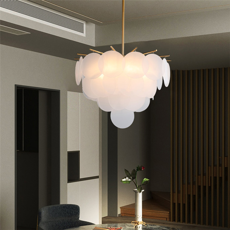 Contemporary 7-light White Glass Living Room Chandelier in Brass in US